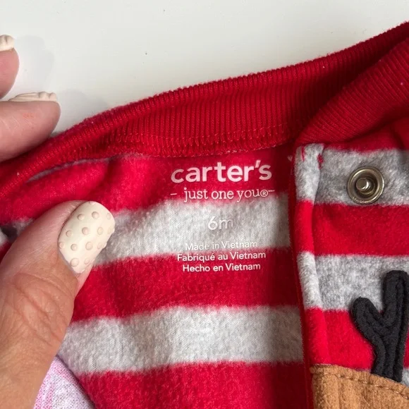 Red and Gray Striped Footed Reindeer Kids One Piece size 6 months Christmas - Picture 2 of 4